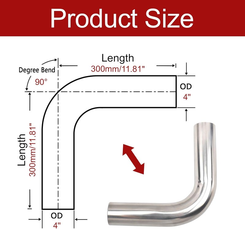 BIGREAT OD 4'' Inch (102MM) 90 Degree Bend Elbow Stainless Steel Turbocharger Pipe Tube Intercooler Pipe High Class Brushed Treatment Air Intake Tube Pipe Polished Universal-2PCS - Image 2